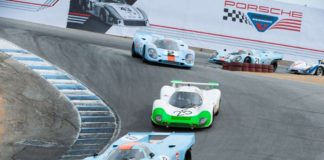 Porsche unveils official Rennsport Reunion VI poster Porsche unveils official Rennsport Reunion VI poster - Rennsport Reunion V: We see here Porsche Gulf-liveried 917s and other Porsche racecars winding down Laguna Seca's famed Corkscrew at the 5th Reunion. Credit: Porsche AG