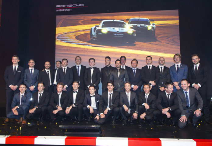 Who are Porsche AG’s 2018 Motorsport Works Drivers?: Pictured here are all of the 2018 Porsche Works Drivers in a group photo at the December 2017 Night of Champions gala event. Credit: Porsche AG