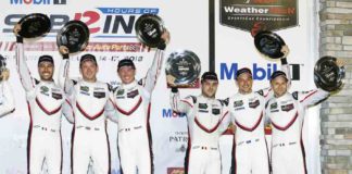 Porsche wins 2018 Sebring 12 Hours GTLM Class Porsche wins 2018 Sebring 12 Hours GTLM Class: Seen celebrating their 1st and 3rd place wins, respectively, are Frédéric Makowiecki, Nick Tandy, Patrick Pilet, Laurens Vanthoor, Earl Bamber and Gianmaria Bruni (l-r). Credit: Porsche AG