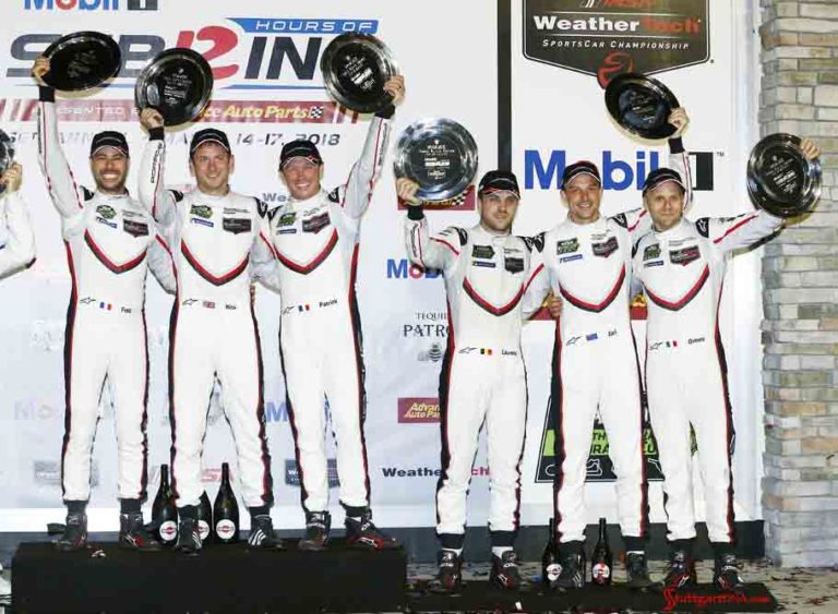 Porsche wins 2018 Sebring 12 Hours GTLM Class: Seen celebrating their 1st and 3rd place wins, respectively, are Frédéric Makowiecki, Nick Tandy, Patrick Pilet, Laurens Vanthoor, Earl Bamber and Gianmaria Bruni (l-r). Credit: Porsche AG