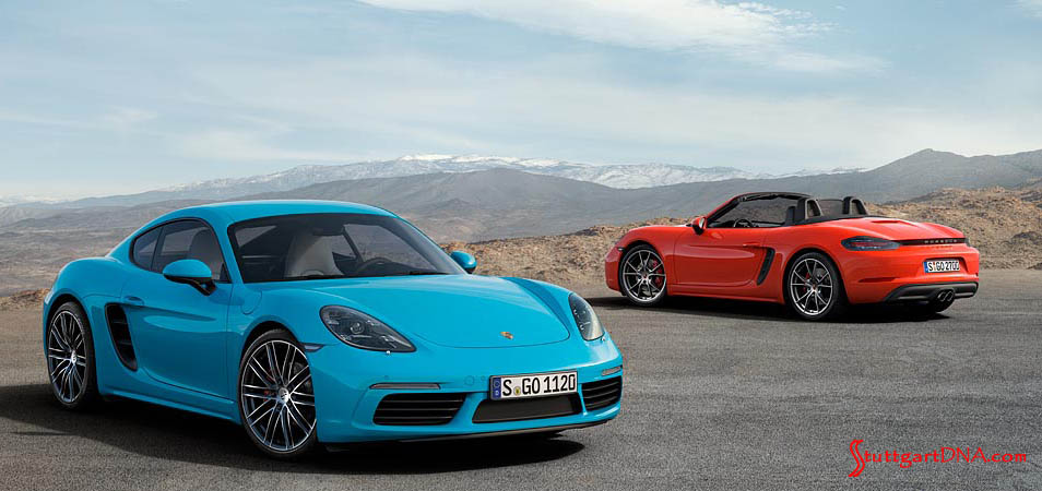 2017-2019 Porsche 718 voluntary recall: 718 Boxster S and Cayman S poised against mountain b.g. Credit Porsche AG