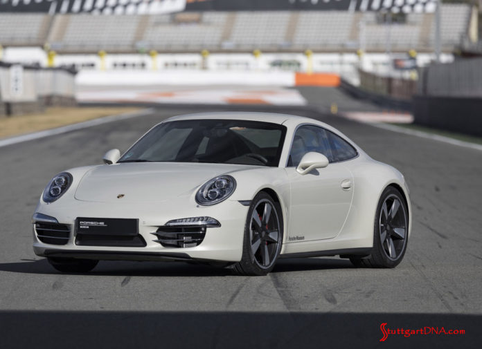 February 2019 Porsche USA sales: Grey 911S 991, 50th Anniversary Edition, left front, at rest on track. Credit: Porsche AG