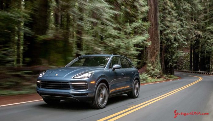 March 2019 Porsche USA sales: A blue 2019 Cayenne E3 is seen driving on a winding road through a dense forest of redwoods. Credit: Porsche AG