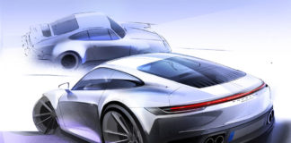September 2019 Porsche USA sales Depicted here is a bold but elegant 992-gen 911 design sketch, with a comparative 930 sketch superimposed in b.g. Credit: Porsche AG