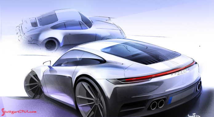 Depicted here is a bold but elegant 992-gen 911 design sketch, with a comparative 930 sketch superimposed in b.g. Credit: Porsche AG