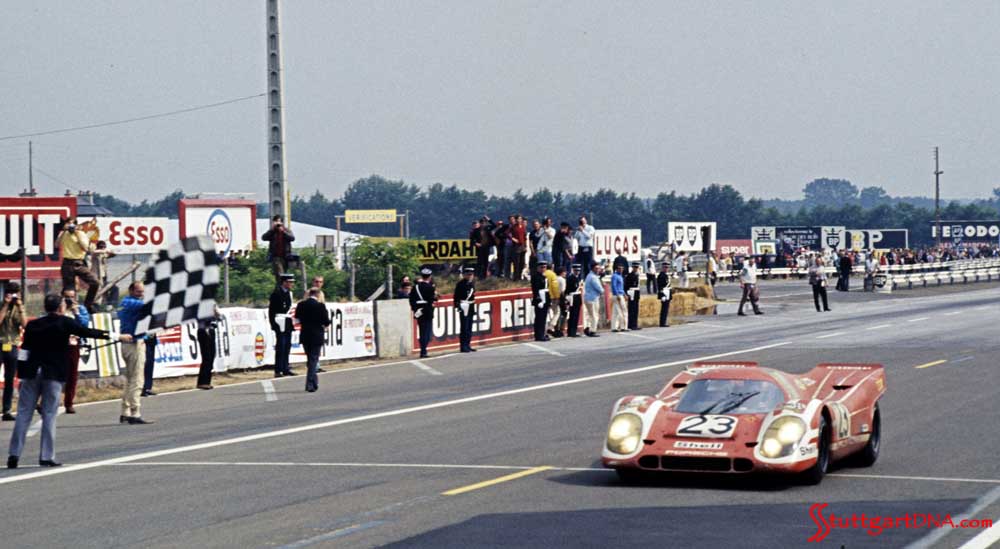 History of Porsche’s 19 overall wins at 24 Hours of Le Mans History of Porsche’s 19 overall wins at 24 Hours of Le Mans: Seen here is the No. 23 Porsche 917 KH of Richard Attwood (GBR) and Hans Herrmann (DEU) taking the checkered flag at the 1970 Le Mans 24. This is Porsche's first overall Le Mans win. Credit: Porsche AG