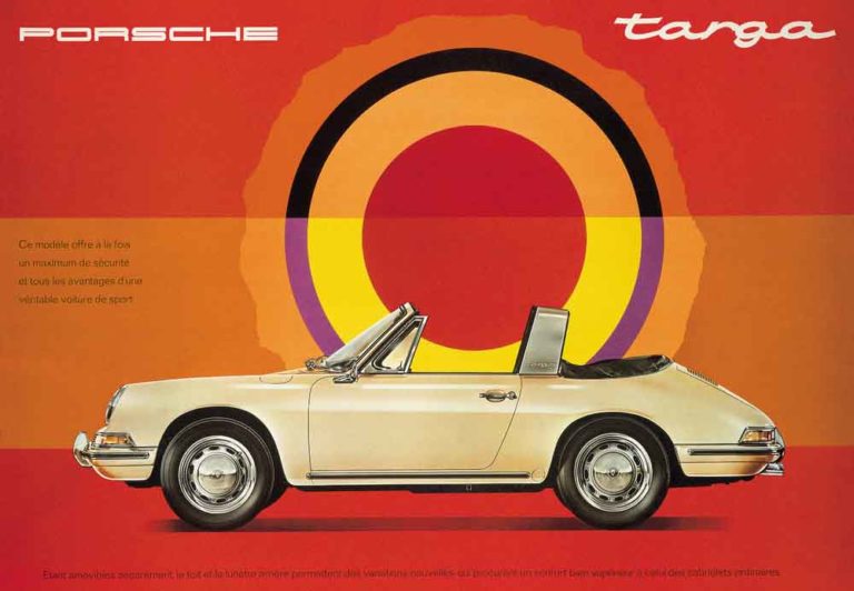 History of the Porsche Targa: Seen here is a French ad touting a yellow 1967 2.0L 911 Targa with its Targa top off and it flexible plastic window folded down. Credit: Porsche AG