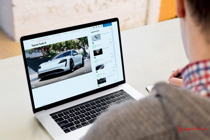 Porsche Car Configurator conjures Artificial Intelligence: Pictured here is a young man using the Porsche Car Configurator to customize a Taycan Turbo S of his choice on his laptop computer. Credit: Porsche AG