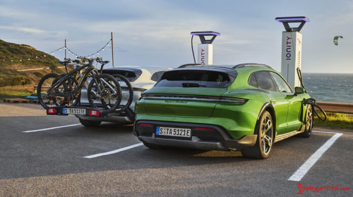 Porsche AG first-quarter 2021 worldwide sales: Depicted here are two Taycan 4 Cross Turismos charging their batteries at the seashore. Credit: Porsche AG
