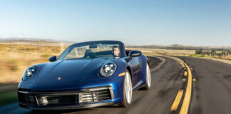 Porsche first-quarter 2021 USA retail sales Porsche Recalls 911 for Windshields that May Detach: Pictured here is a blue 911 Carrera 911 S Cabriolet, seen from the left-front, cruising effortlessly down the highway. Credit: Porsche AG