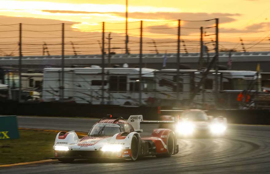 Depicted here in this sunset shot is the No. 6 Porsche 963 running on the 2023 Daytona 24 track. Credit: Porsche AG