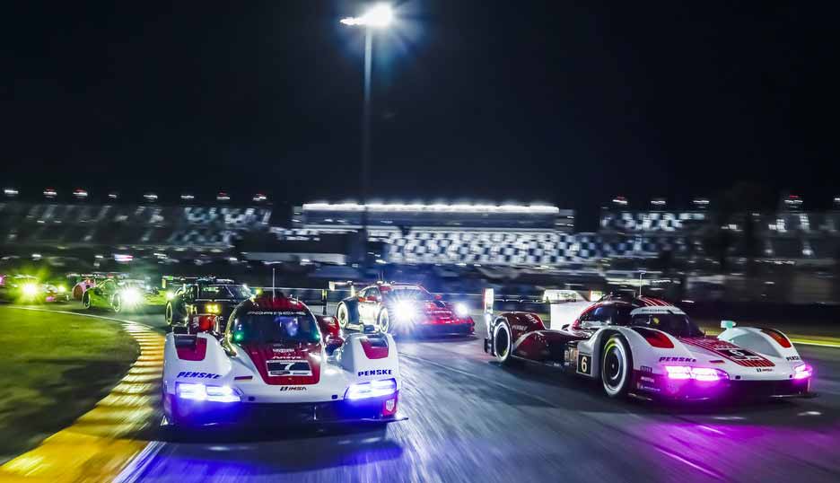 Seen here at the 2023 24 Hours of Daytona are the Porsche 963, Porsche Penske Motorsport (#7), of Felipe Nasr (BR), Matt Campbell (AUS), Michael Christensen (DK); and the Porsche Penske Motorsport (#6), of Nick Tandy (UK), Mathieu Jaminet (F), Dane Cameron (USA). Credit: Porsche AG