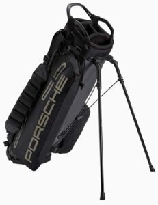 Seen here is the Porsche Design Stand Golf Bag, facing Porsche lettering. Credit: Porsche Design
