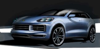 Porsche Cayenne: the new 2024 Cayenne roll-out Porsche Cayenne: Roll-out of the new 2024 Cayenne: Depicted here is a beautiful light-blue sketch of the Cayenne 2024 design. Credit: Porsche AG