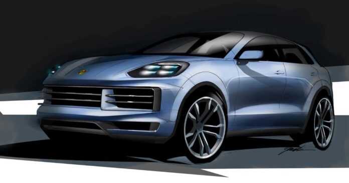 Porsche Cayenne:  Roll-out of the new 2024 Cayenne: Depicted here is a beautiful light-blue sketch of the Cayenne 2024 design. Credit: Porsche AG