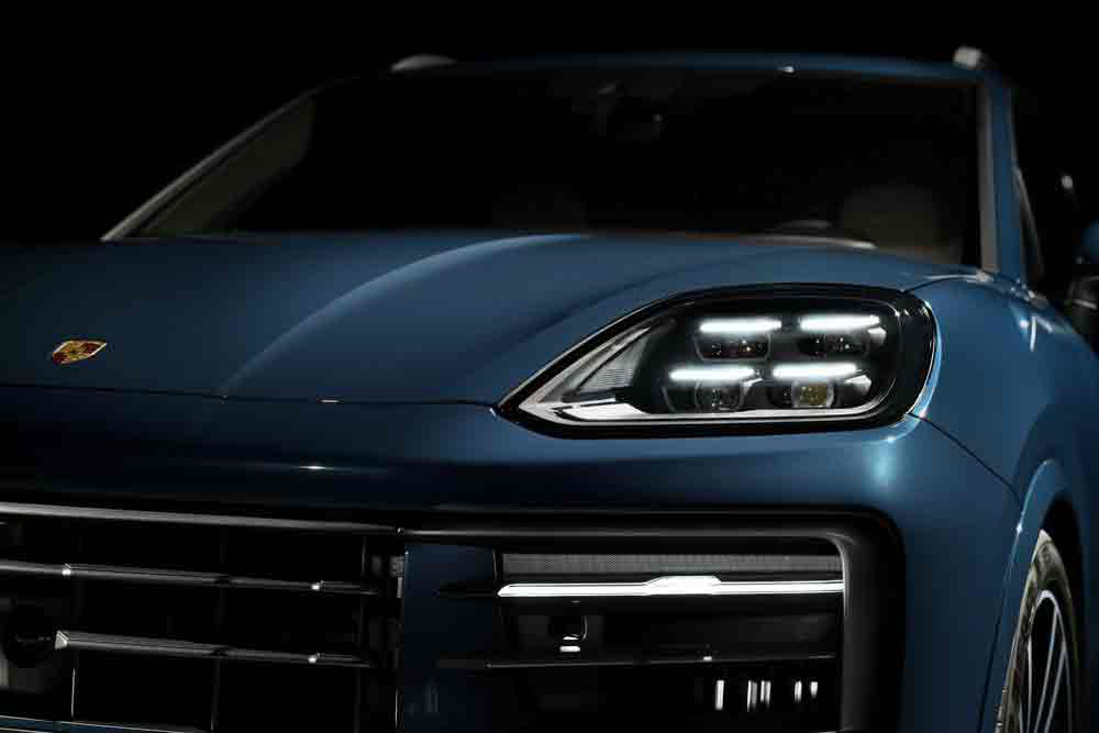 Artfully photographed here is a Cayenne-2024, left headlight, up close. Credit: Porsche AG