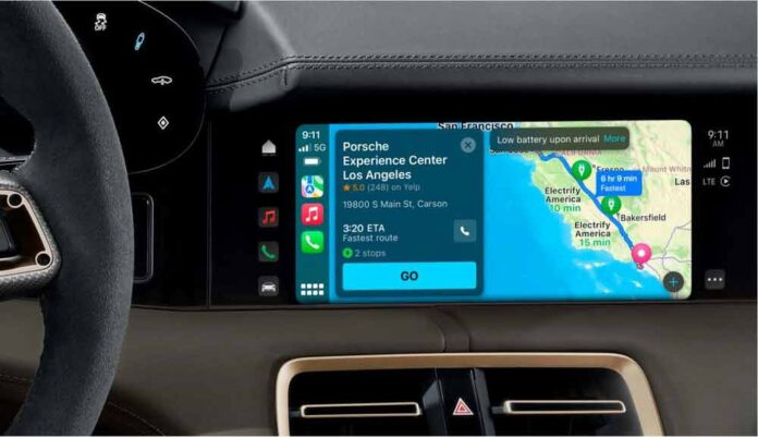 Pictured here is an Apple Maps EV routing screen to PECLA. Credit: Porsche AG