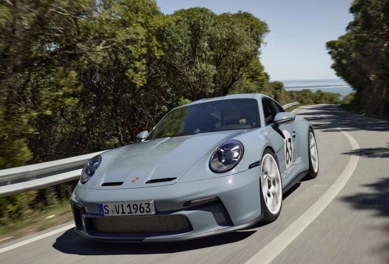 911-S-T - Pictured here is a 911 S/T seen from its left-front corner, on a mountain road. Credit: Porsche AG