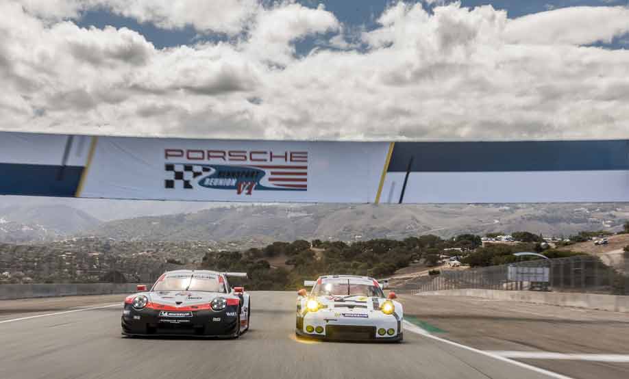 Porsche Rennsport Reunion 7 race groups announced:  Scenically pictured here is the PRR 7 classes article's image of two Porsche racecars running up Laguna Seca Raceway's back Rahal Straight. Credit: Porsche AG