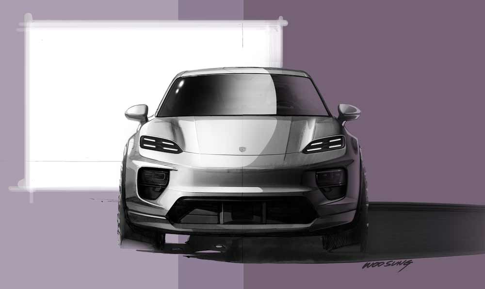Porsche Macan EV: Depicted here is an anterior sketch of the Macan EV by Woo Sung. Credit: Porsche AG