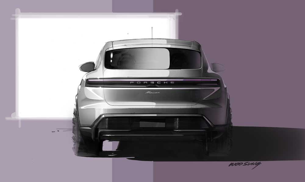 Porsche Macan EV: Depicted here is a posterior sketch of the Macan EV by Woo Sung. Credit: Porsche AG