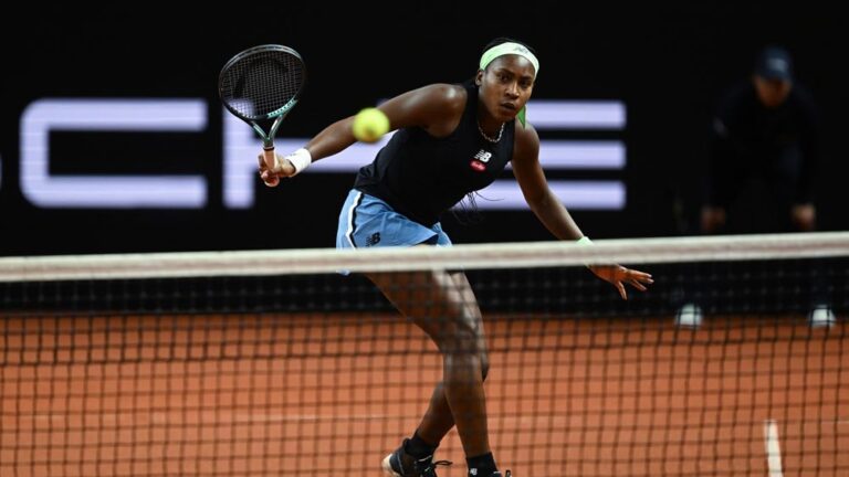 US Open champ Gauff at the Porsche Grand Prix: Depicted here is US Open champ Gauff at the Porsche Grand Prix poised behind the net. Credit: Porsche AG