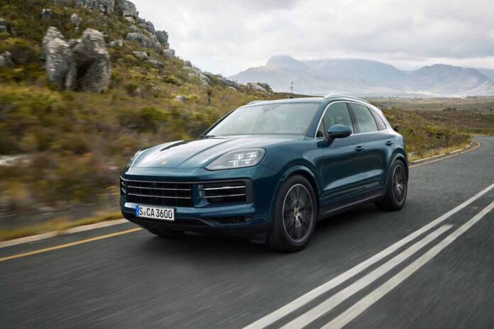 Porsche Cayenne Control-Arm Recall: Seen here is a 2024 Cayenne, left-front, on highway. Credit: Porsche AG
