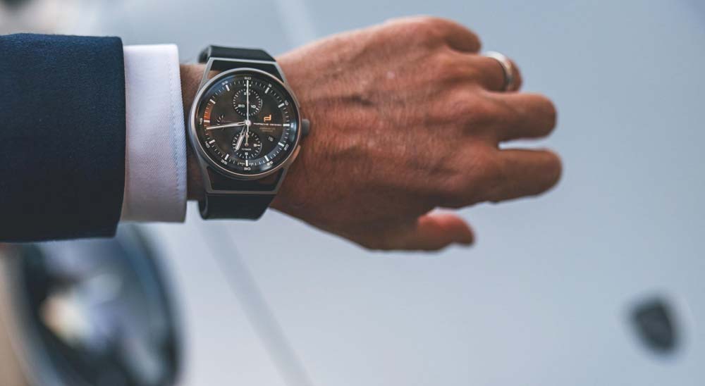 Depicted here is a 911 Turbo 50 Years model chronograph. Credit: Porsche AG