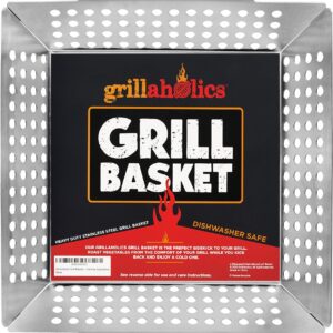 Pictured here is the awesome Grillaholics Grill Basket for Outdoor Grill of Durable Premium Stainless Steel. Credit: Amazon