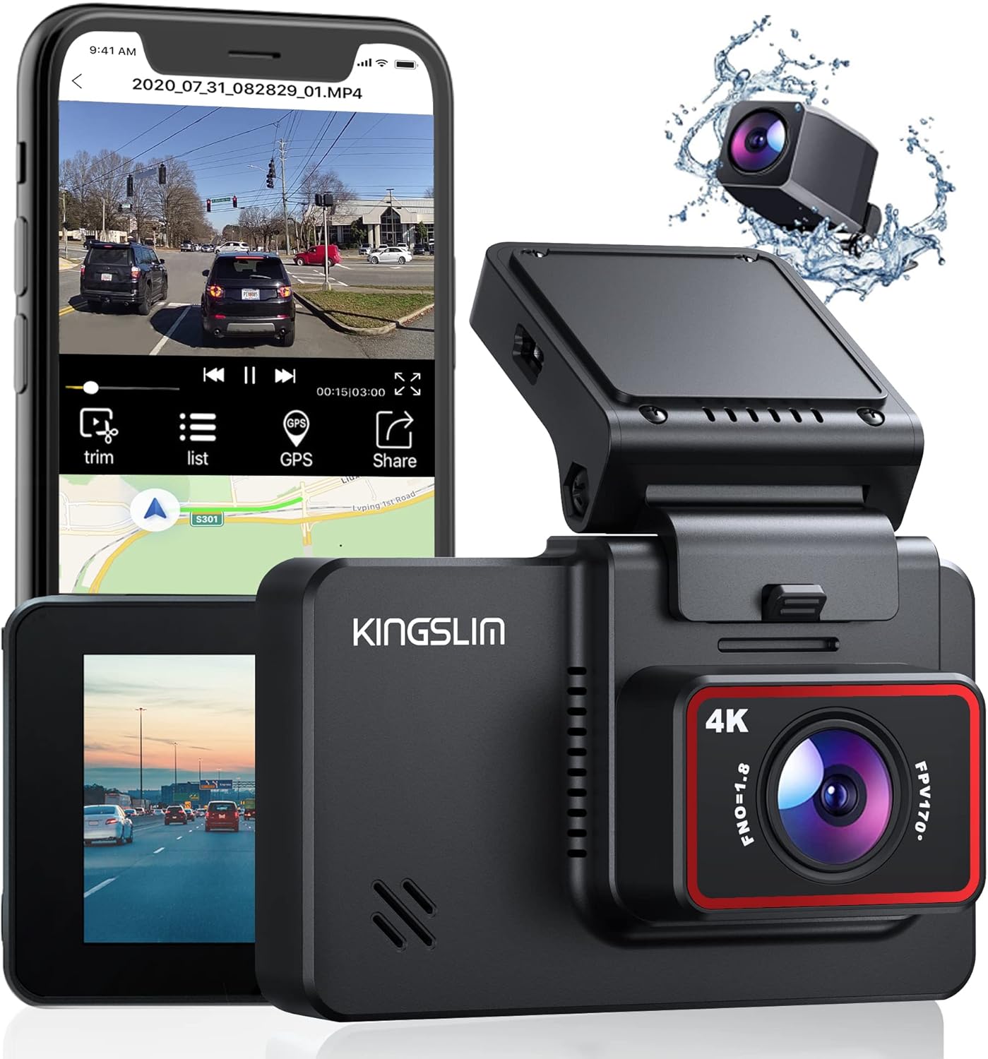 Seen here is the Kingslim D4 Dual Dash Cam with Built-in WiFi GPS, Front 4K/2.5K Rear. Credit; Amazon
