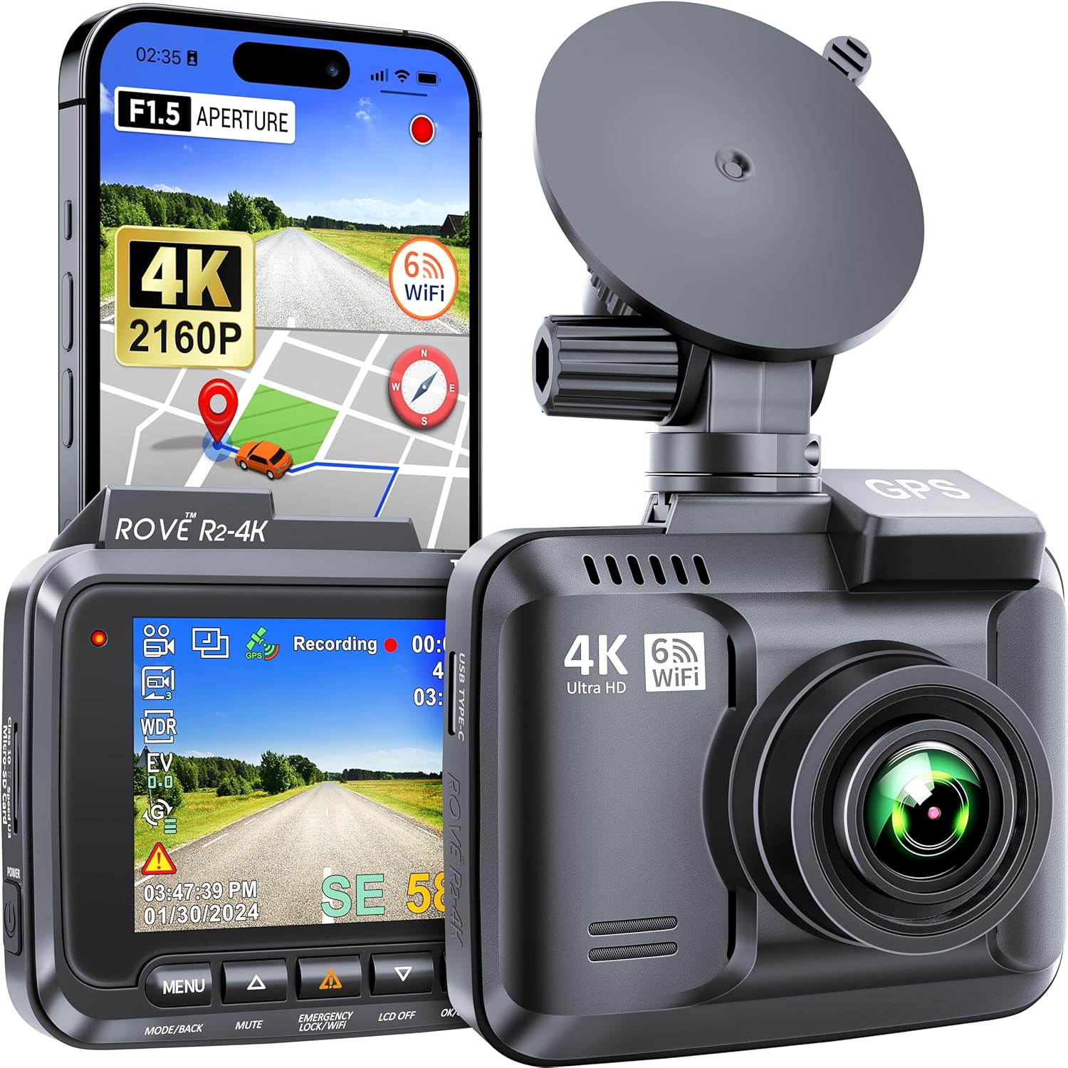 Pictured here is the Rove R2-4K Dash Cam Built in WiFi GPS Car Dashboard Camera Recorder with UHD 2160P, 2.4" LCD, 150° Wide Angle, WDR, Night Vision. Credit: Amazon