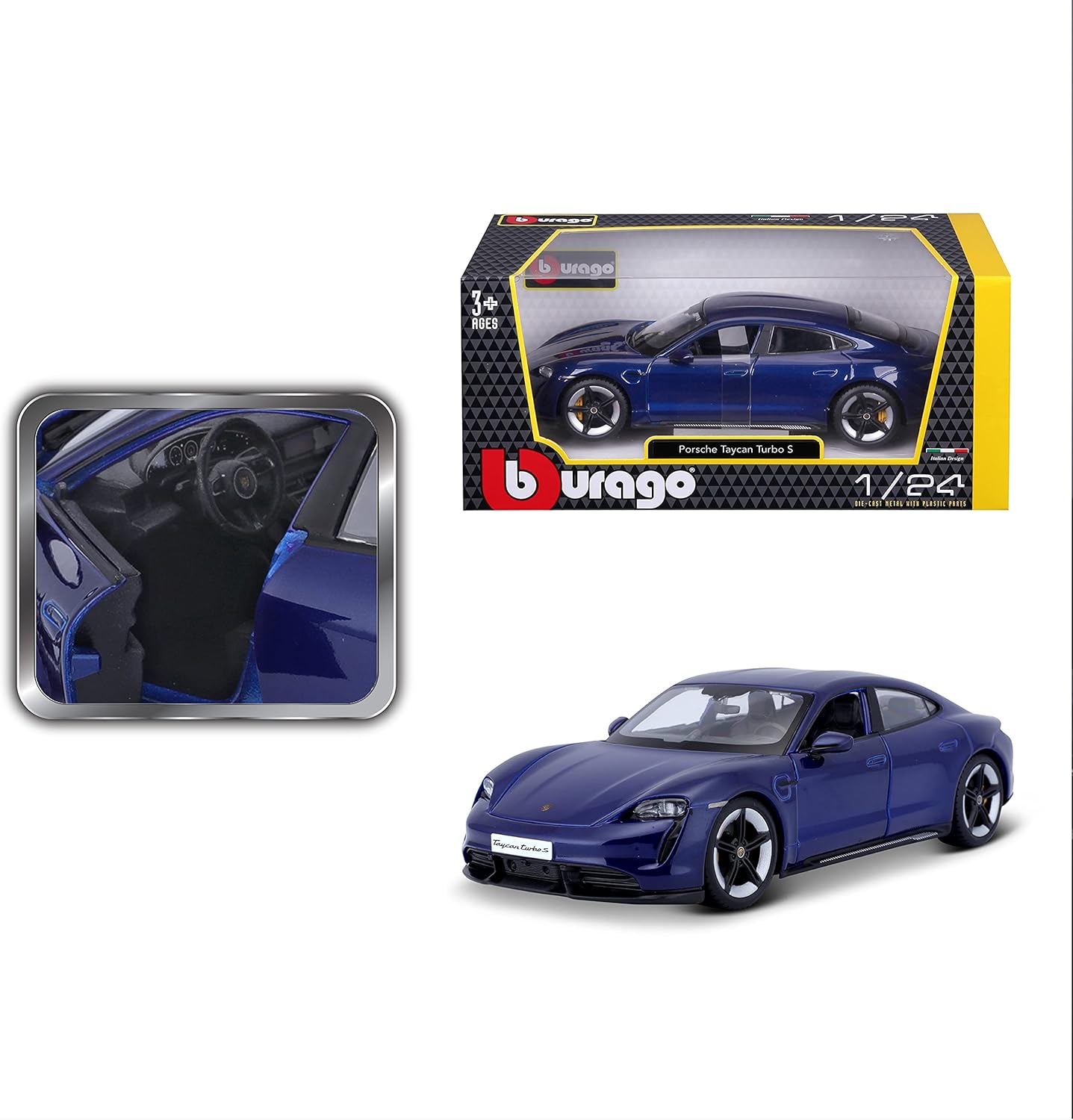 Depicted here is the 1:24 Diecast Porsche Taycan Turbo S in Blue by Bburago. Credit: Amazon