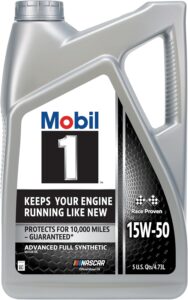 Pictured here is the large container of Mobil 1 Full Synthetic 15W-50, 5 Quart. Credit: Amazon