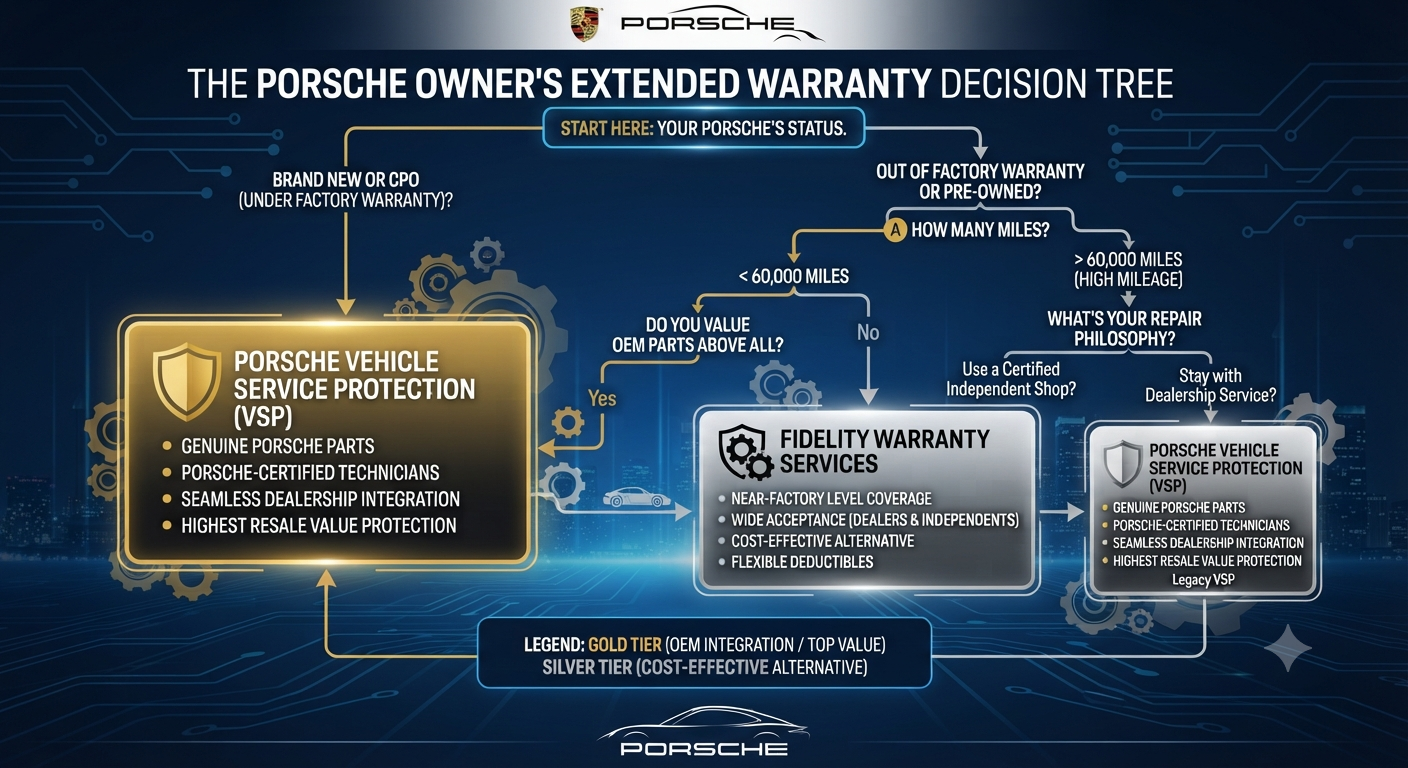 991.1-Gen Porsche 911 Buyer Guide: Porsche VSP vs Fidelity Decision Tree. Credit: Gemini