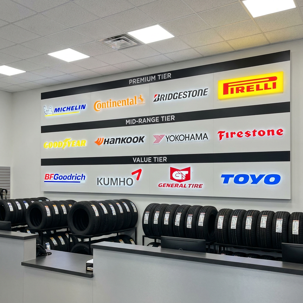 tire buying guide: Tire brand display showing Michelin, Continental, Bridgestone, and other major brands. Credit: DaVinci