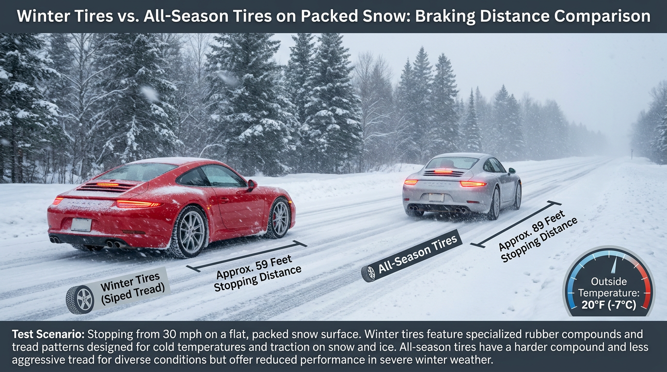 tire buying guide: Two Porsche 911s on a road covered in packed snow demonstrating the stopping distance of winter tires vs. all-season tires.