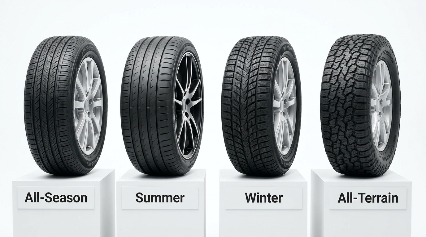 tire buying guide: Four car tires standing side-by-side in a row on pedestals. Credit: DaVinci